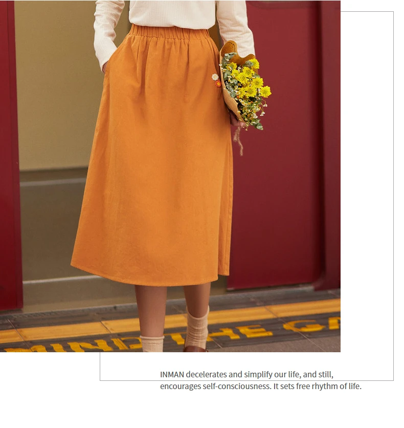 INMAN 2020 Autumn Winter New Arrival Skirt High Waist Pure Cotton Embroidered Elastic Waist Solid Color Temperament Skirt