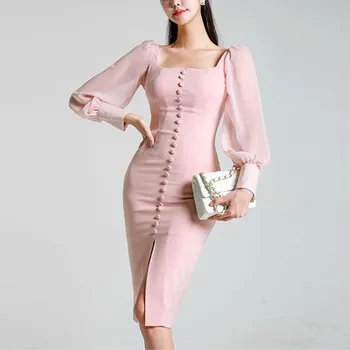 

Women Sexy Elegant Party Dress Long Sleeve Square Collar Pink Lace Slim Pencil Dress Bodycon Formal Dress Autumn Spring Clothes