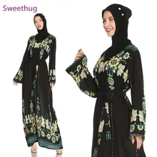 

2021 women flower embroidery dress lace up waist full sleeve kimono abaya dubai Ramadan kaftan muslim robe