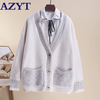 

AZYT Autumn Winter Plush Knitted Cardigan Female Jacket Pocket V Neck Loose Sweater Coat 2020 Streetwear Women's Cardigan Tops