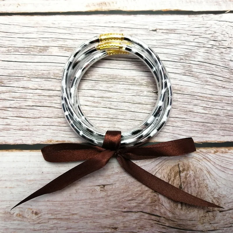 Fashion Bainbow Fill Stripe Genuine leather Silicone Stardust Stack Bracelet Bangle Bowknot Jelly Bangles Jewelry 5 Pcs Set