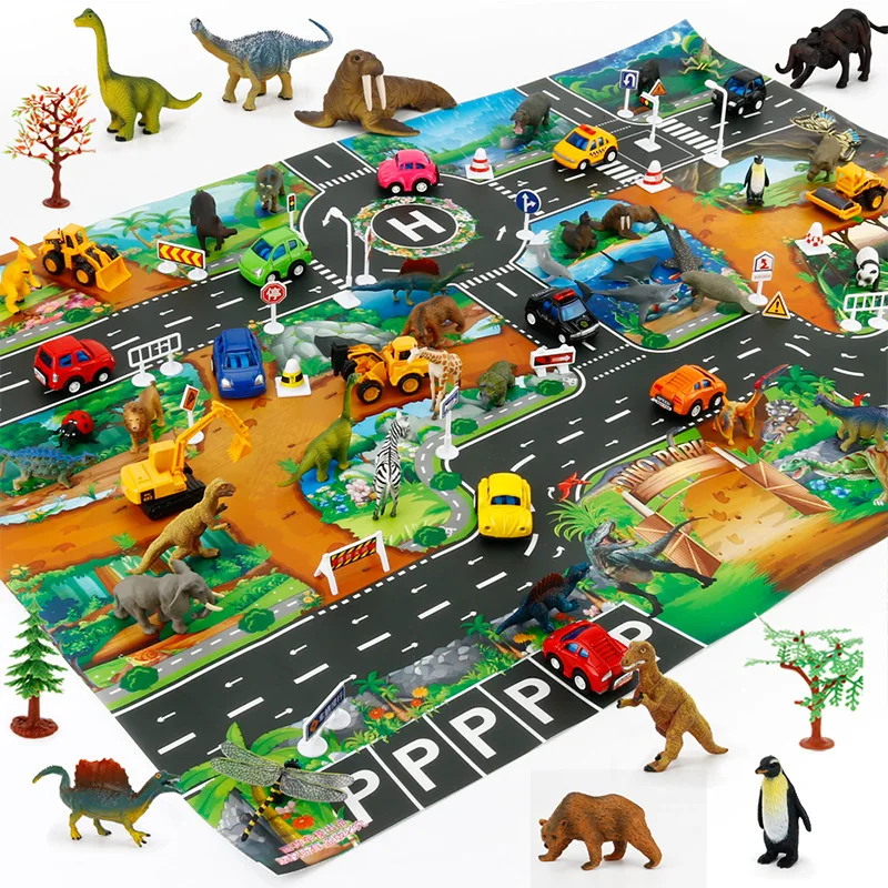 45 шт. мир динозавров карта модель игрушечной машины игровой коврик интерактивный детский игровой домик игрушки(вывеска+ динозавр+ карта+ дерево+ автомобиль
