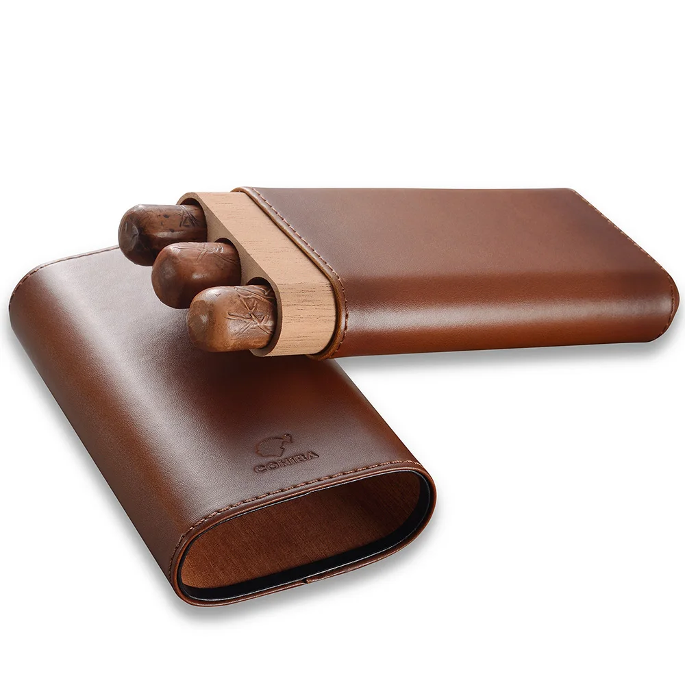 Luxury Cow Leather Cedar Wood Cigar Case Portable Travel 3 Packs Cigar