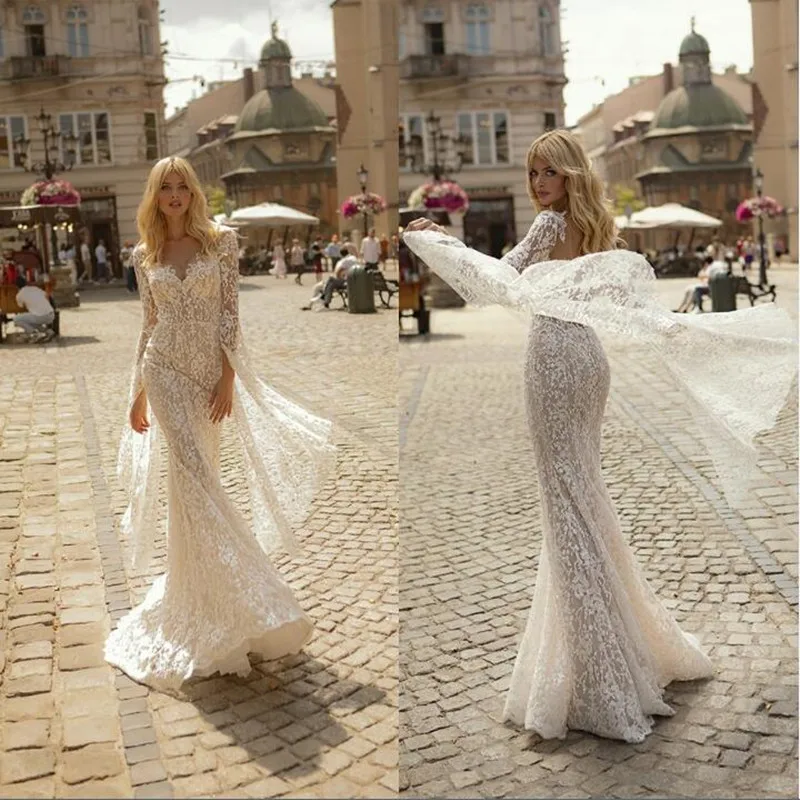 

2021 New Wedding Dresses Sheer Deep V Neck Lace Appliques Mermaid Bridal Gowns Custom Made Long Sleeves Backless Wedding Dress
