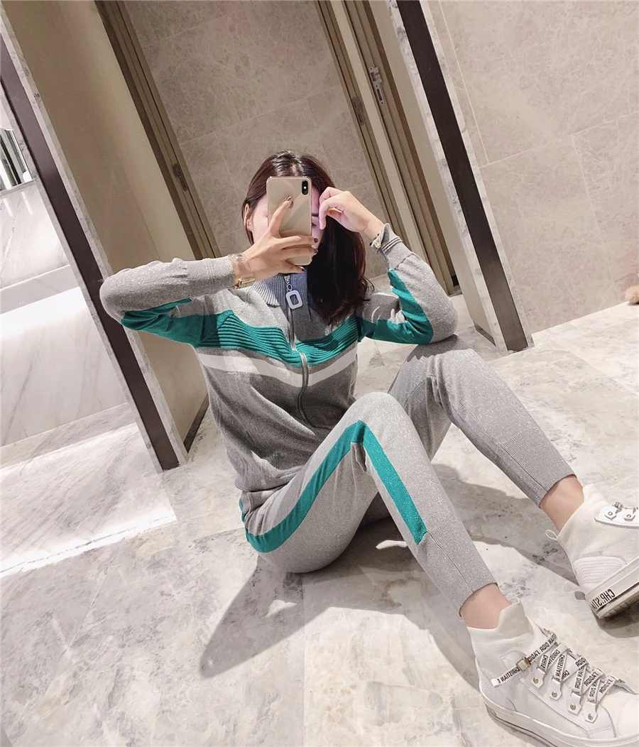 co ord sets women Spring New Casual Knit Sweashirt Zipper Cardigans and Trouser Two piece set Women Blue/Pink/Gray Long Sleeve Knit Coat Suit two piece sets