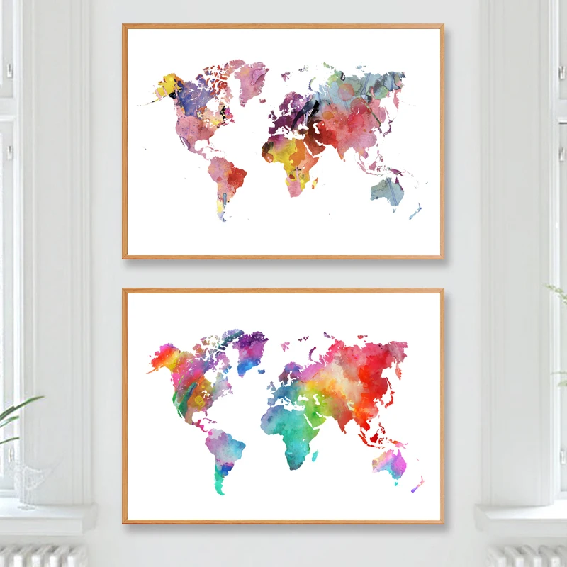 

Rainbow World Map Poster Print Wanderlust Travel Gift Colorful Watercolor Art Canvas Painting Wall Picture for Living Room Decor