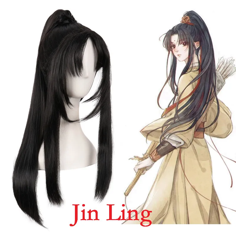 Noir MapofBeauty Le Founder de Diabolism//Mo Dao Zu Shi Cosplay perruque Oblique Frange Longue Pince Queue de cheval Ancient Style Cheveux