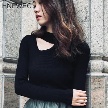 

2020 New Spring Fashion Women Clothinmg Halter Knits Full Sleeves Slim High Stretch Girl's T-shirt Female Top V997