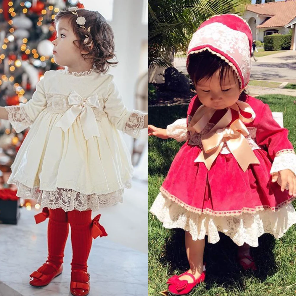 Детское рождественское платье для маленьких девочек платье принцессы с расклешенными рукавами и кружевным бантом детское вельветовое платье для вечеринки, рождественское бальное платье