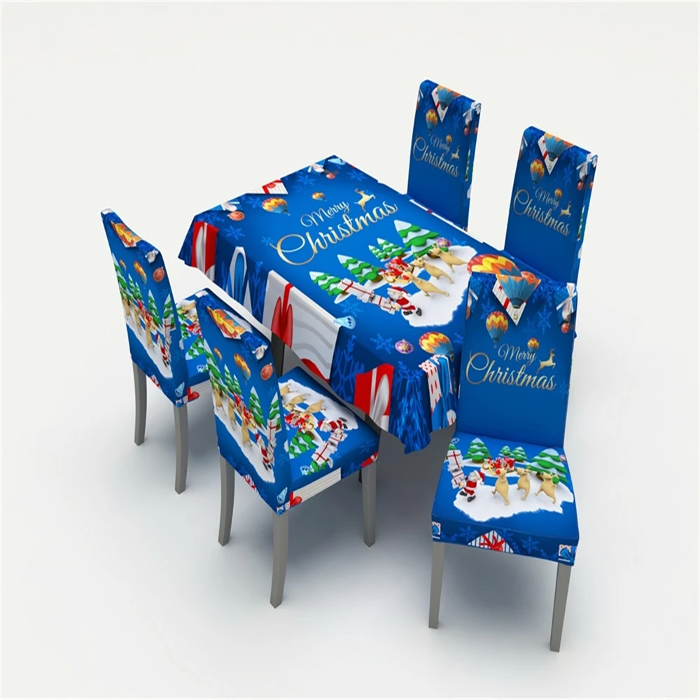 

Home Decor Table Cover Chair Cover Christmas Elk Tree Gifts Kitchen Tablecloth Family Party Festival Dining Blue Table Cloth