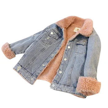 

WLG Girls Warm Coats Kids Clothes Winter Velvet Thick Denim Blue Jacket Baby Girl Cute All Match Outerwear Children Clothes