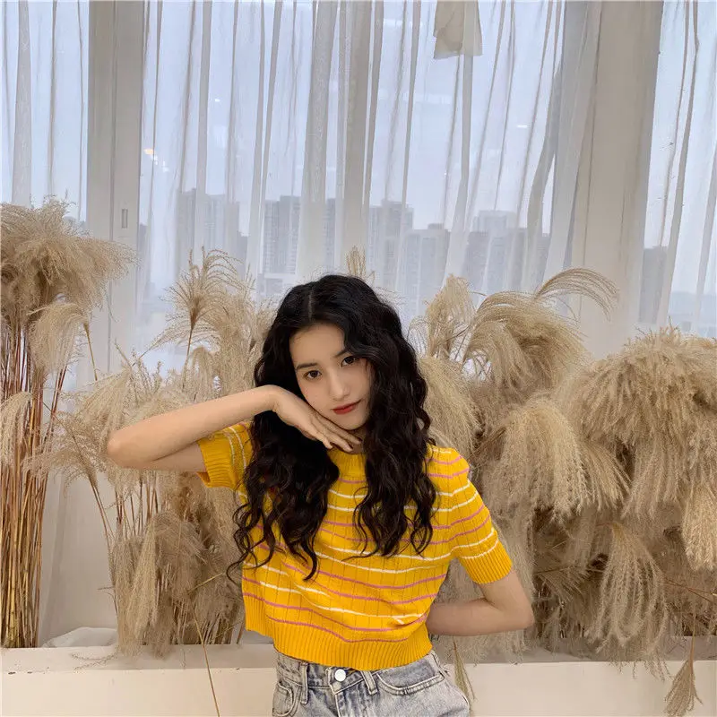 

Chic Rainbow Stripe knitted short sleeve T-shirt women's ins2021 new summer short half sleeve top