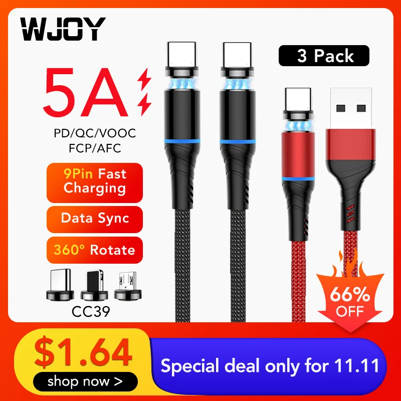 Магнитный кабель WJOY 5A Micro USB Type C с полной поддержкой быстрой зарядки и