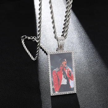 

Iced Out Bling Custom Made Photo Cubic Zircon Squar Geometric Necklace & Pendant For Men Hip Hop Jewelry With Tennis Chain