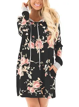 

Fashion Autumn Women Casual Floral Print Sweatshirt Dress Long Sleeve Hooded Hoodies Pullovers Mini Dress Vestidos
