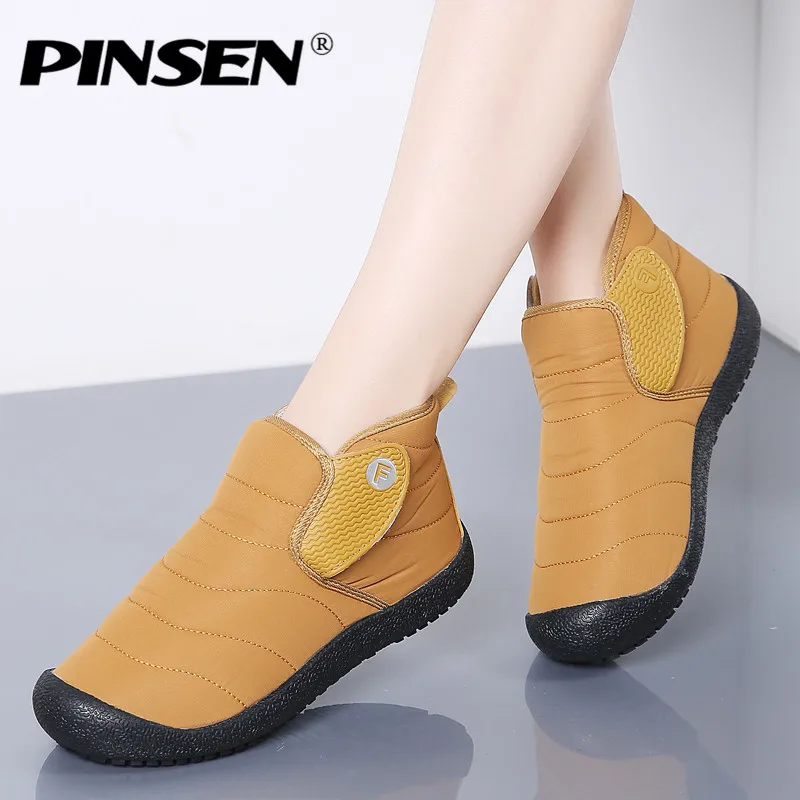 PINSEN/ г. Модные женские зимние ботинки удобные водонепроницаемые теплые плюшевые ботильоны женские ботинки без шнуровки