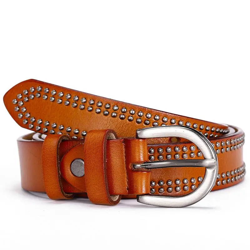 High quality genuine leather punk style ladies belt wild fashion ladies pin buckle belt punk rivet jeans women's belt 120cm - Цвет: brown