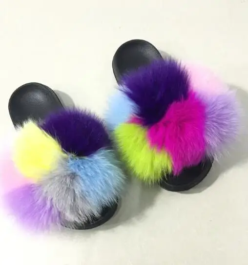 Slippers Женские тапочки из натурального Лисьего меха; ПВХ; сумка через плечо ярких цветов; Радужная сумочка; разноцветные прозрачные сумки через плечо; женские меховые шлепанцы - Цвет: Slippers
