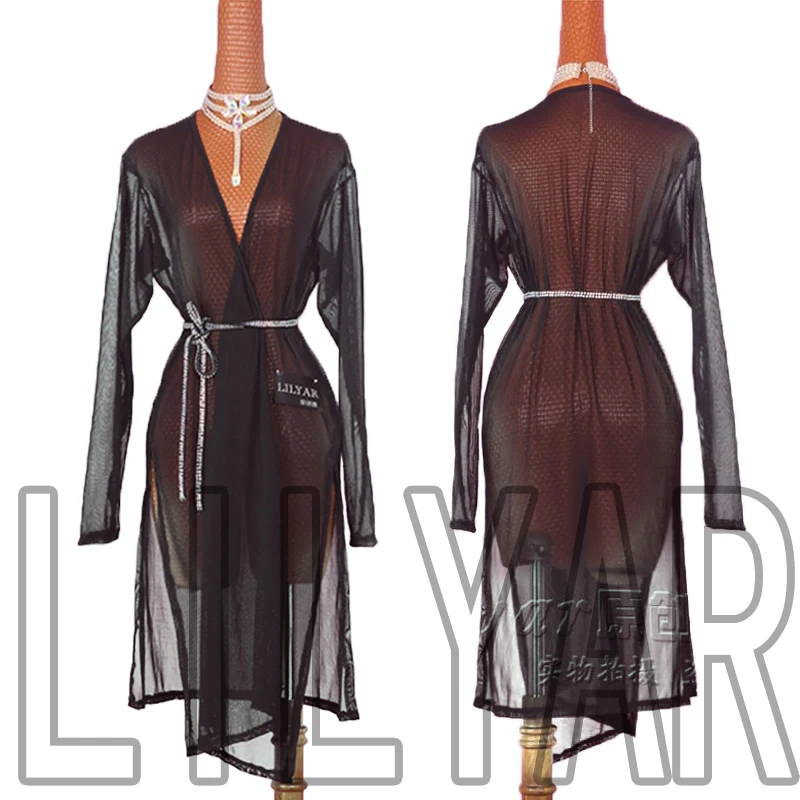 

Latin dance competition suit Adult custom black tulle coat with diamond belt