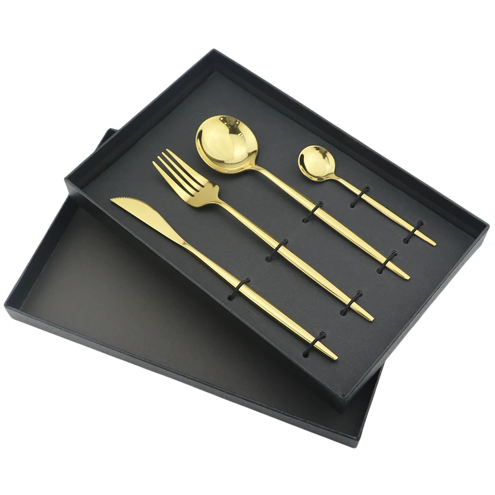 4Pcs Gold Золотой набор столовых приборов, роскошный набор посуды из нержавеющей стали 304, столовый набор, вилка, нож, ложка, столовые приборы, вечерние столовые приборы из серебра с подарочной коробкой - Цвет: 4Pcs Gold
