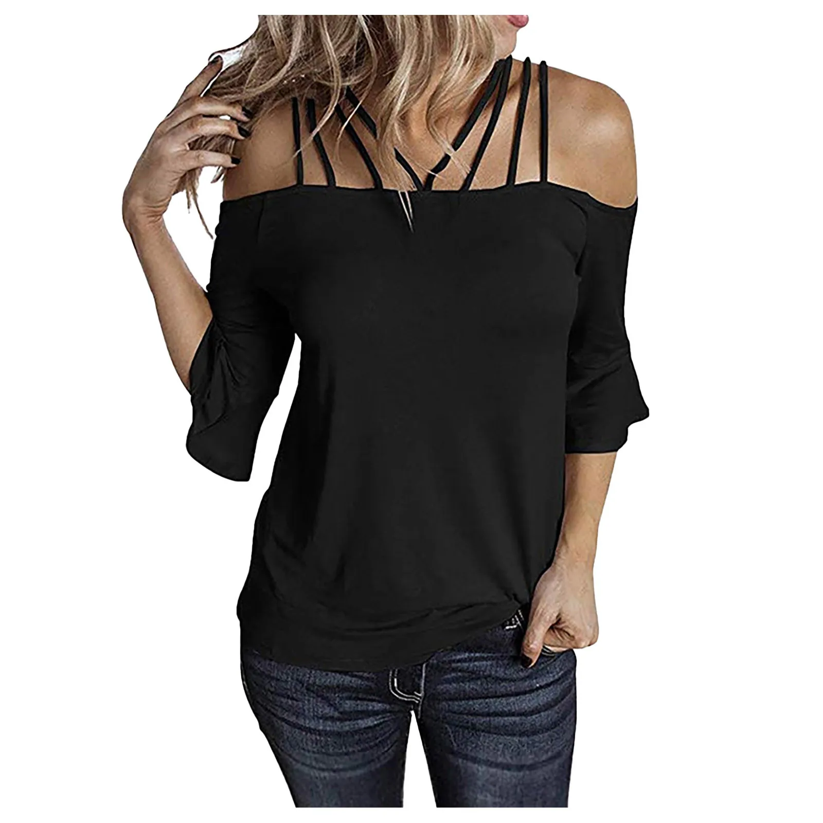 Blusa de talla grande para mujer, camisa Sexy con cuello barco con hombros descubiertos, Media manga, Color liso, 2021