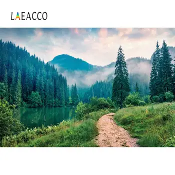 

Laeacco Photography Background Mountain Lake Tree Green Grass Shrub Way Natural Scenic Photo Backdrop Photo Studio Photocall