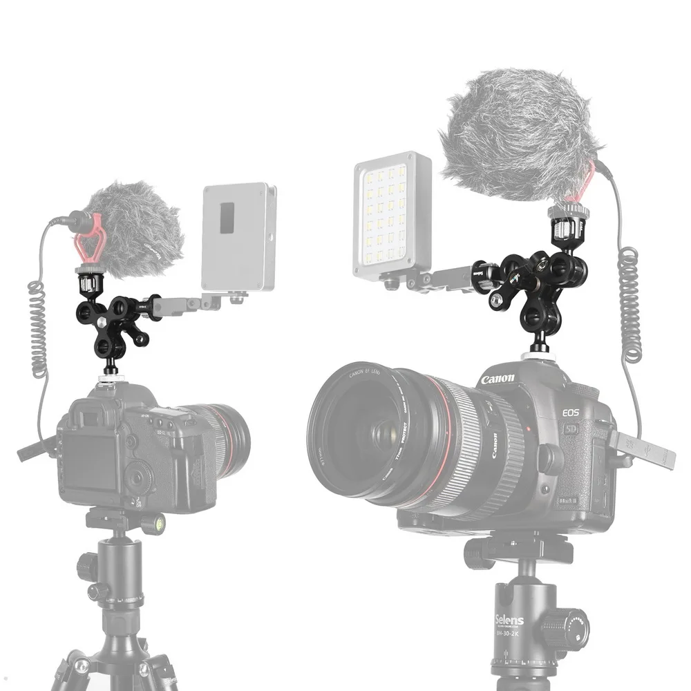 Multi-Function Dual Ball Head Hot Shoe Magic Arm Mount Adapter with 3/8'' 1/4'' screw for Sony Canon Nikon DSLR Cameras