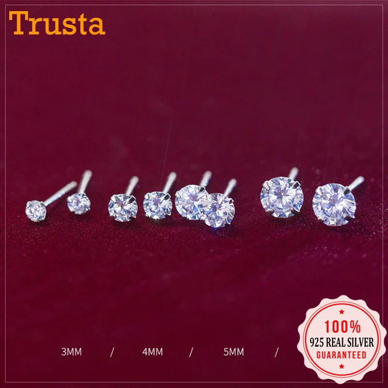 Trusta, 1 пара, Настоящее 925 пробы, серебряные ювелирные изделия для женщин, модные милые миниатюрные белые CZ серьги-гвоздики, подарок для девочек-подростков DA23