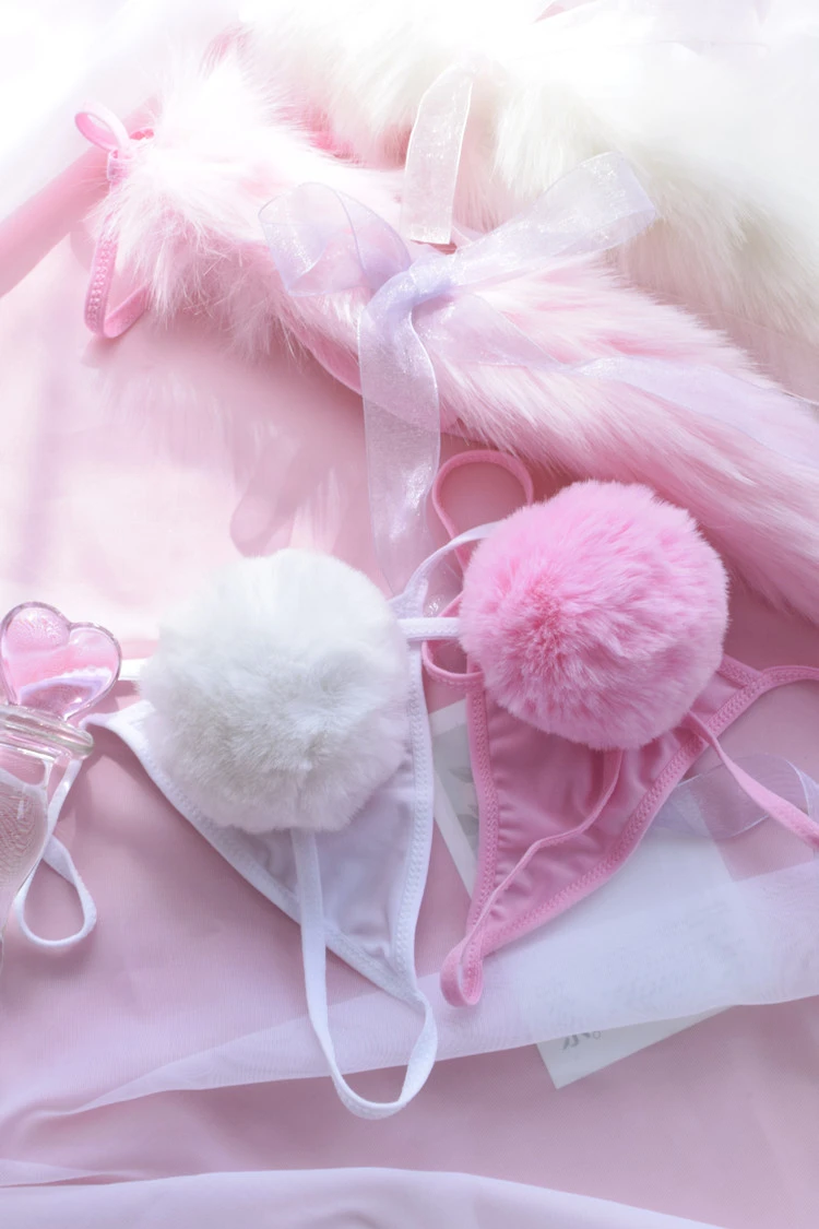 Мягкое милое Розовое женское нижнее белье в стиле Лолиты с кроличьим хвостом, сексуальные штаны, эротическое нижнее белье, трусики для косплея