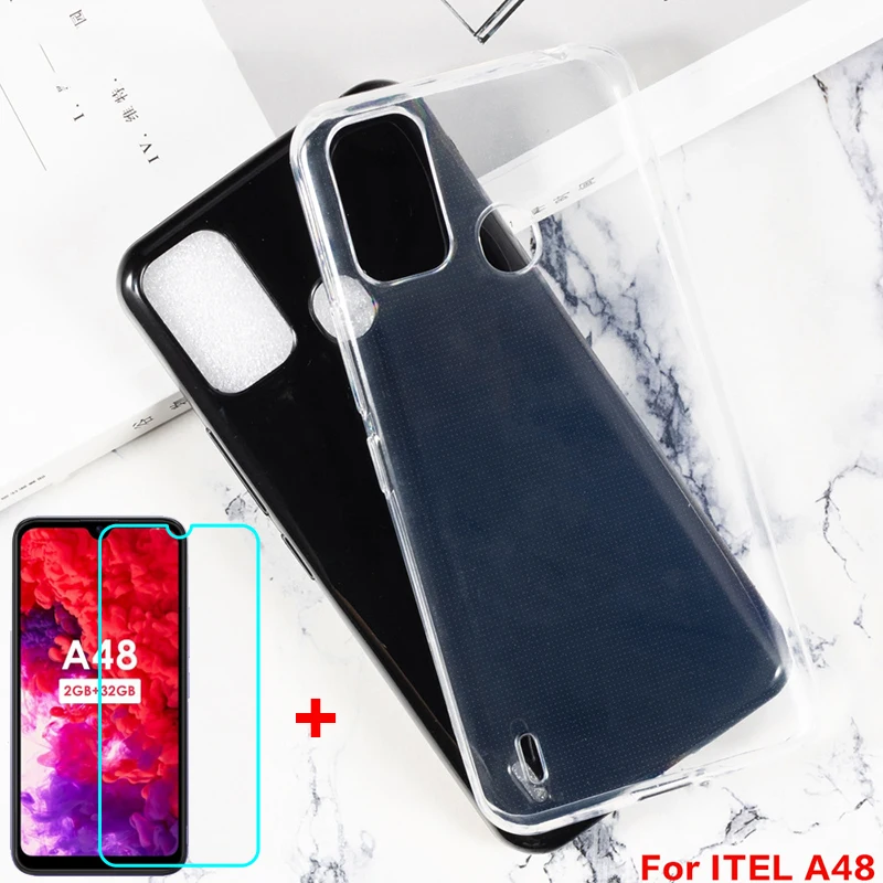 

Transparent Phone Case For ITEL A48 Silicone Caso Protective Soft Black TPU Case Cover Tempered Glass For ITEL A48 Cases Vetro