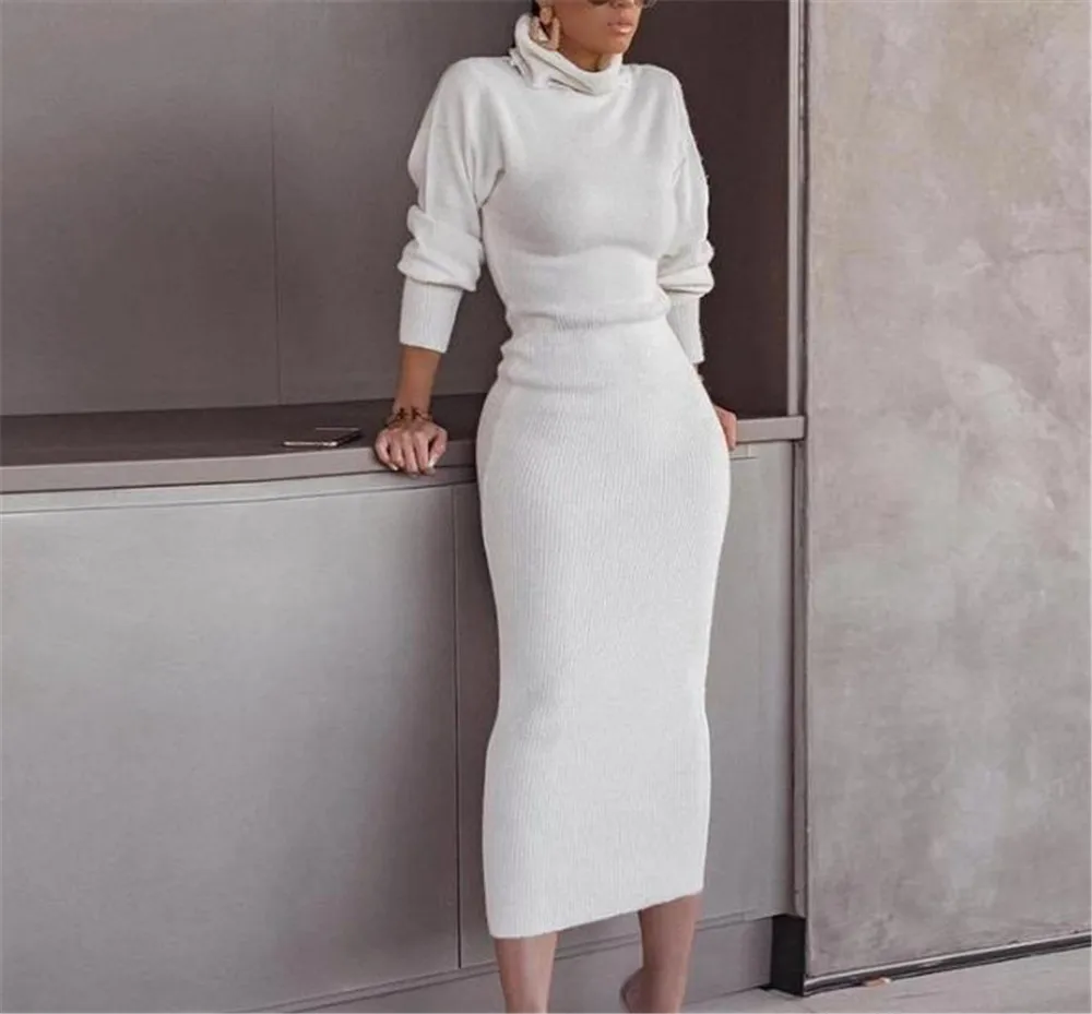 

Sweater Dress Solid Fashion Slim Turtleneck Dress Woman Office Ladies Long Sleeve Knitted Bodycon Dress