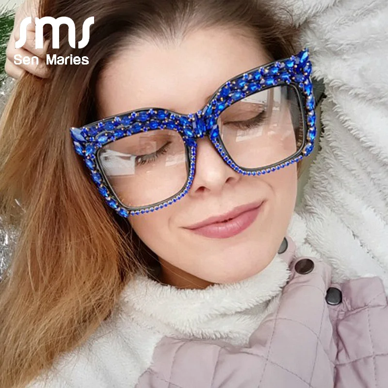 

Fashion Diamond Glasses Women 2019 Luxury Rhinestone Cat Eye Oversized Drill Glasses Frame Female Men Red Blue Eyeglasses oculos