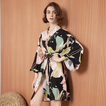 

Summer Cotton Ladies Single Robe Home Clothes Comfortable Fresh Floral Printed Long-sleeved Robes with Strap Female Kimono Robe