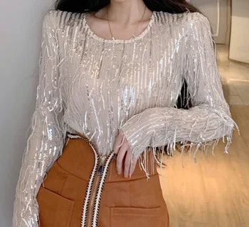 

The spring and autumn Korean edition chic style hollow out sequins long sleeve sparkling tassel fashion T-shirt female tide