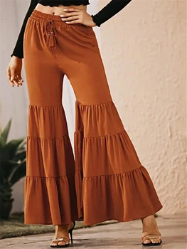 

SZMALL High Waist Brown Flare Long Pants Women France Stylish Wide Leg Female Trousers Streetwear Lady Bottom