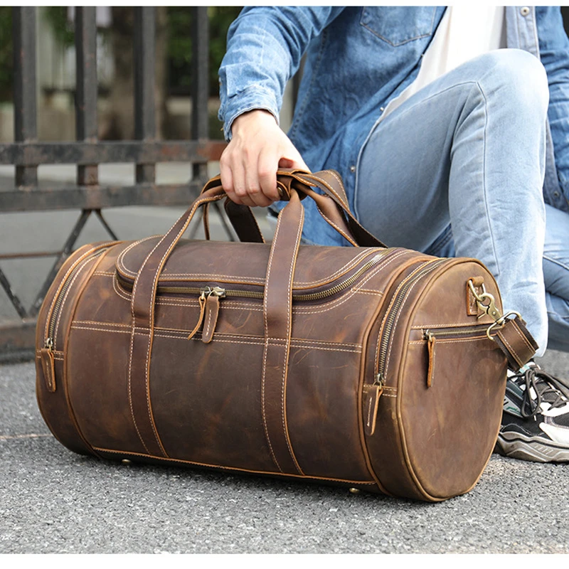 Bolso de viaje de piel auténtica hombre, bolsa de equipaje de cuero de vaca, bandolera de cuero Crazy Horse, novedad|Bolsas de viaje| - AliExpress