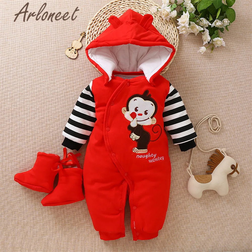 ARLONEET Cartoon Coats Baby Boy Romper Winter Cotton Shoes Baby Girls Thick Rompers Coat Jumpsuit Hooded Baby Romper Bebe Menina