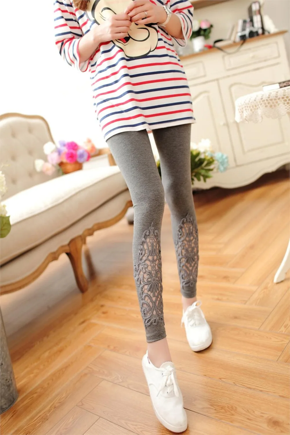 LJCUIYAO Women Leggings Mujer Diamond Sexy Lace Fitness Elastic High Waist Casual Pants White Black Splicing Hollow Out Bottom fleece lined leggings