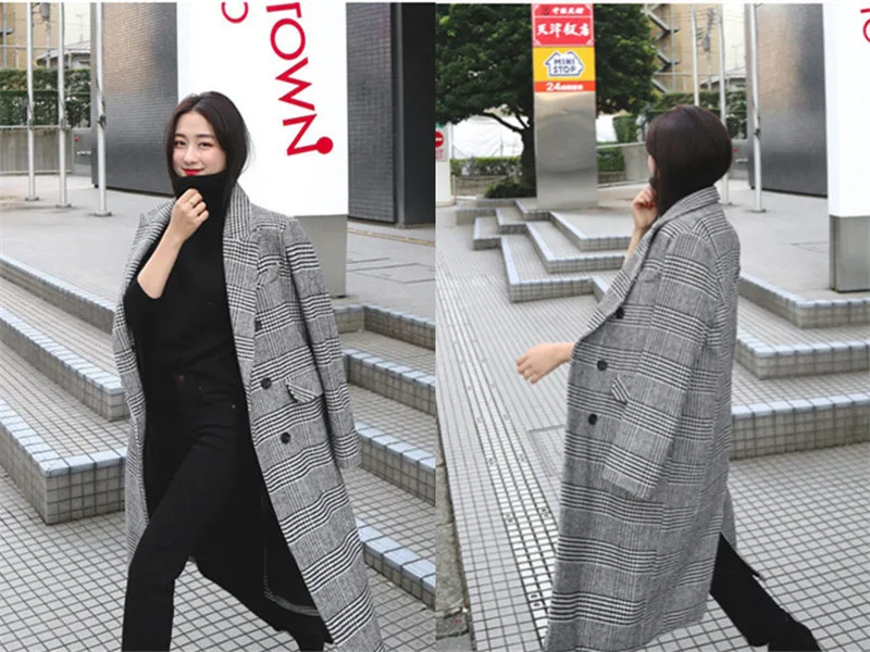 Photo Shoot Winter Korean-style Retro Thousands of Birds Suit Collar Overcoat Women's over-the-Knee Mid-length Slit-Back Woolen