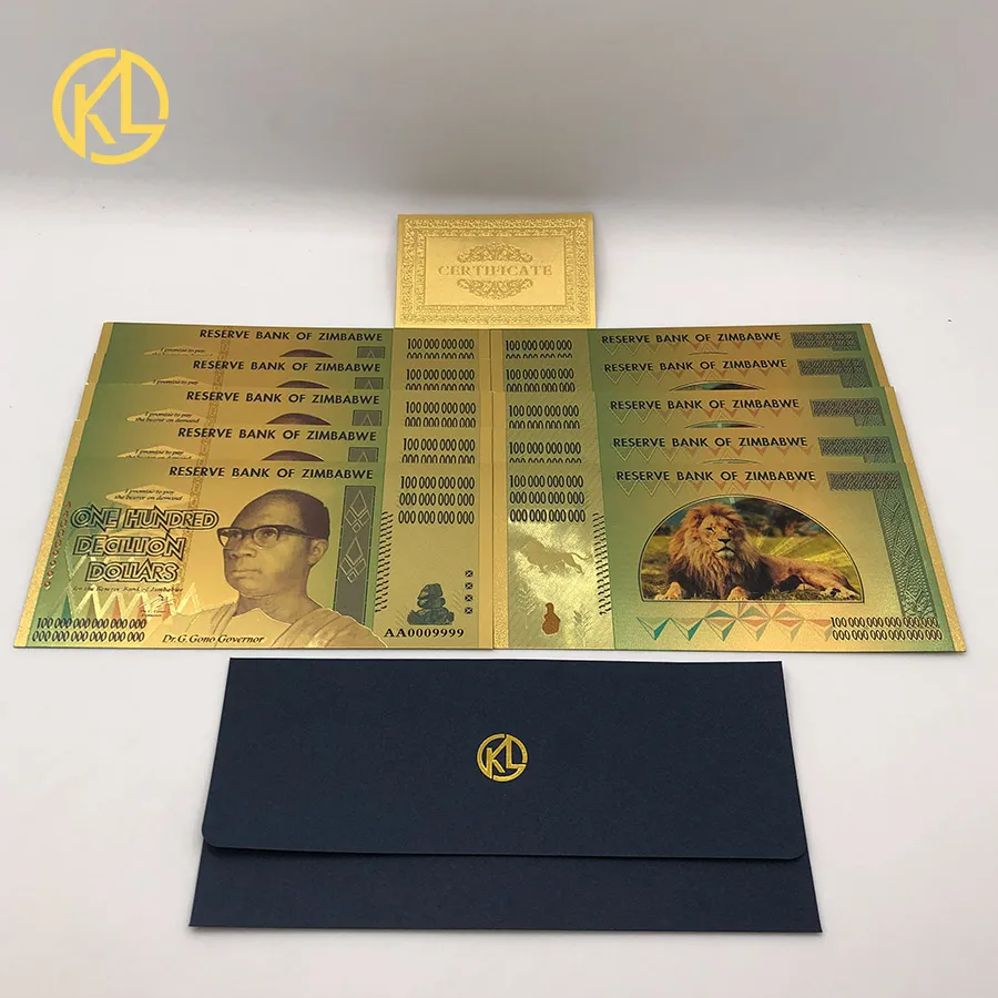 

10-1000 pcs zimbabwe $Z100 Trillion/100 Quintrillion/5 Octillion/100 Decillion Dollar Gold Foil Banknote Replica banknote