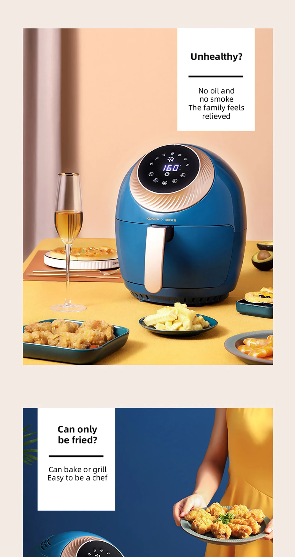 Fritadeira de ar Inteligente do Agregado Forno sem Óleo de Fumaça Konka Elétrico Automático Familiar Multi-funcional Fritadeira Livre 3.5l 7 inteligente do agregado familiar multi-funcional forno sem