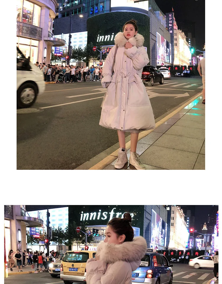 Photo Shoot Main Push CHIC Off-white Elegant Bell Sleeve Waist Hugging Lace-up down Coat Ol Hooded Large Fur Collar Cotton-padde