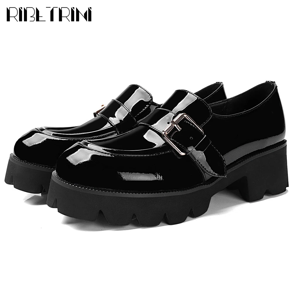 

RIBETRINI Brand Elegant Lady Chunky Heels Buckle Belt Shoes Woman Genuine Leather Patent Flats Women Spring Platform Flats