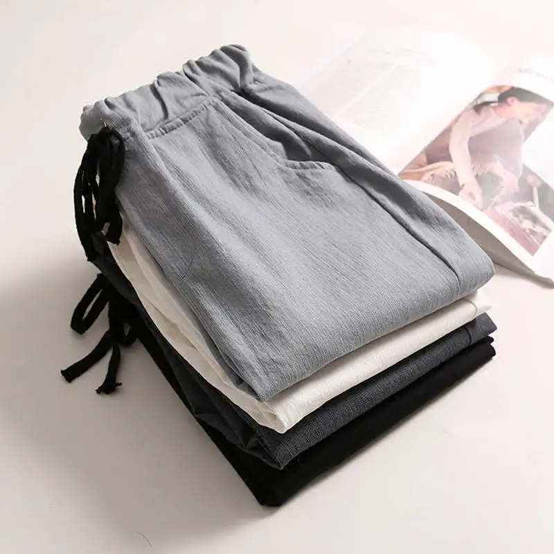 Повседневные женские брюки с завязками на талии из хлопка и льна; Pantalon Mujer; сезон весна-лето; свободные брюки; женские спортивные брюки; шаровары; C5211