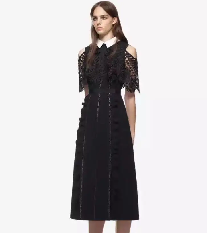 Seiwnibu Self Portrait Lace Summer Dress Runway Women Hollow Out Short Sleeve Patchwork High waist Party Dress Vestidos - Цвет: Черный