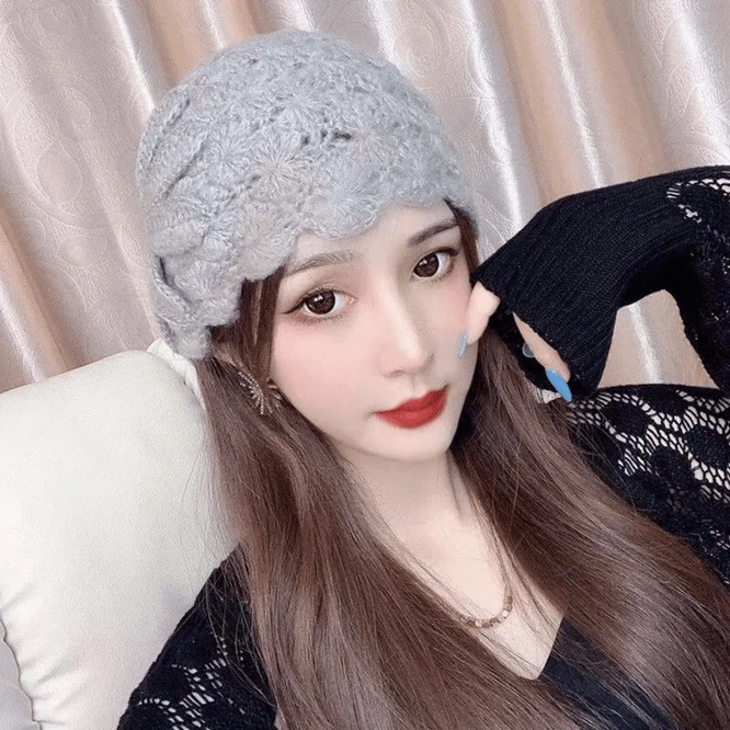 

Japanese Knitted Women Hat Autumn Winter Handmade Flowers Warm Hat Girl Fashion Student Leisure Pregnant Woman Hat Gray