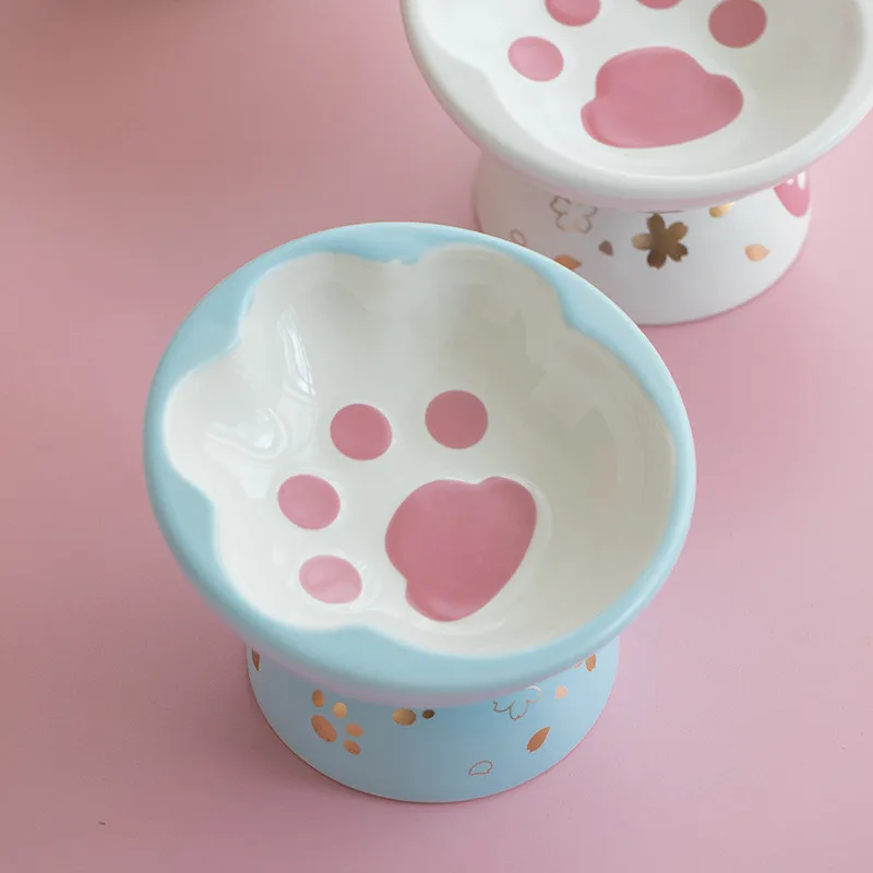 Ceramic-High-foot-Oblique-Mouth-Cat-Bowl-Pet-Bowl-Cute-Paw-Shape-Pet-Feeder-Cat-and.jpg Kerámia, Nagy Lábú Ferde Száj Macska Tál Kisállat Tál Aranyos Mancsú Pet Etető Macska És Kutyaeledel Tál Méhnyak Gerinc Macskaeledel - Image 5