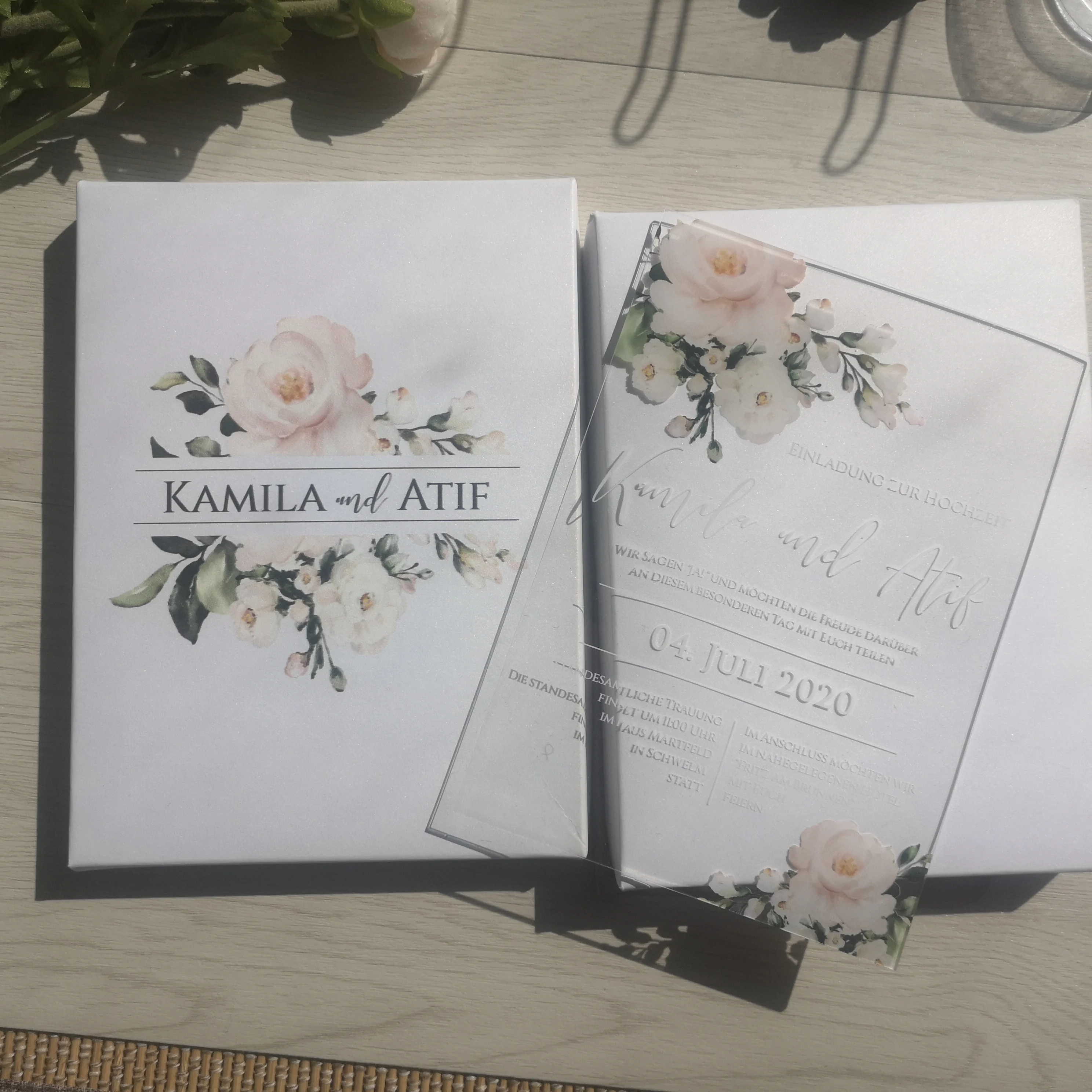 Transparent Acrylic Card with Printed Box, Custom Acrylic Wedding Invitation Card, Stain Fabric, High Quality, UV Printing, 5Pcs