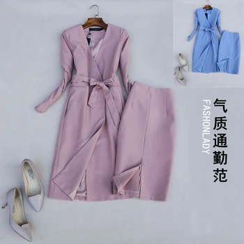 

2020 Spring Fashion Women Clothing Set Long Design Single Breasted Suit Wind Coat and Skirt One Set