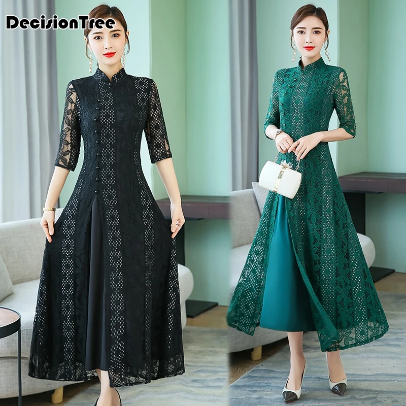 Винтажное повседневное Ретро cheongsam ao dai женское вьетнамское платье с вырезами, кружевное платье с воротником-стойкой, китайское платье в восточном стиле